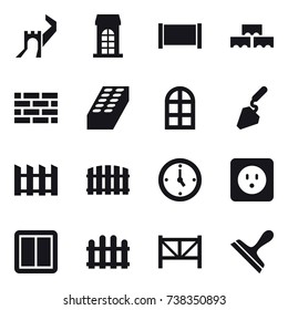 16 vector icon set : greate wall, building, fence, block wall, brick wall, brick, arch window, construction, watch, power socket, power switch, farm fence, scraper