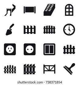 16 vector icon set : greate wall, fence, brick, arch window, construction, watch, power socket, power switch, farm fence, scraper