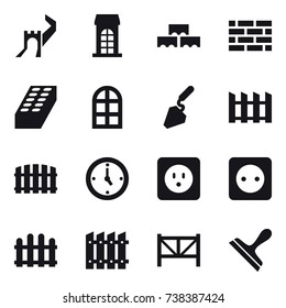 16 vector icon set : greate wall, building, block wall, brick wall, brick, arch window, construction, fence, watch, power socket, farm fence, scraper