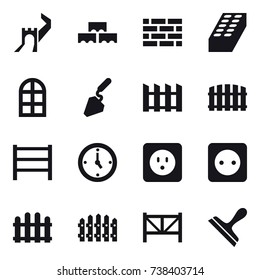 16 vector icon set : greate wall, block wall, brick wall, brick, arch window, construction, fence, watch, power socket, farm fence, scraper