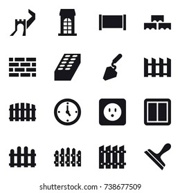 16 vector icon set : greate wall, building, fence, block wall, brick wall, brick, construction, watch, power socket, power switch, scraper