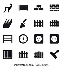 16 vector icon set : greate wall, fence, block wall, brick wall, brick, construction, watch, power socket, power switch, scraper