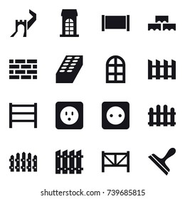 16 vector icon set : greate wall, building, fence, block wall, brick wall, brick, arch window, power socket, farm fence, scraper