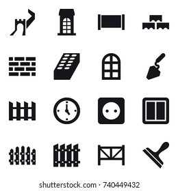 16 vector icon set : greate wall, building, fence, block wall, brick wall, brick, arch window, construction, watch, power socket, power switch, farm fence, scraper