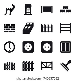 16 vector icon set : greate wall, building, fence, block wall, brick wall, brick, watch, power socket, power switch, farm fence, scraper