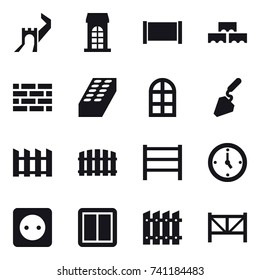16 vector icon set : greate wall, building, fence, block wall, brick wall, brick, arch window, construction, watch, power socket, power switch, farm fence