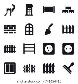 16 vector icon set : greate wall, building, fence, block wall, brick wall, arch window, construction, power socket, power switch, scraper