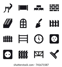 16 vector icon set : greate wall, fence, block wall, brick wall, brick, arch window, construction, watch, power socket, farm fence, scraper