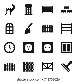 16 vector icon set : greate wall, building, fence, block wall, arch window, construction, watch, power socket, power switch, farm fence, scraper