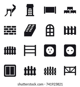 16 vector icon set : greate wall, building, fence, block wall, brick wall, brick, arch window, power socket, power switch, farm fence