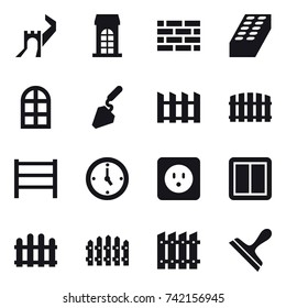 16 vector icon set : greate wall, building, brick wall, brick, arch window, construction, fence, watch, power socket, power switch, scraper