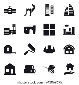 16 vector icon set : greate wall, skyscrapers, skyscraper, mall, slum, window, city, measuring tape, repair, building helmet, house, home, wheelbarrow, housing