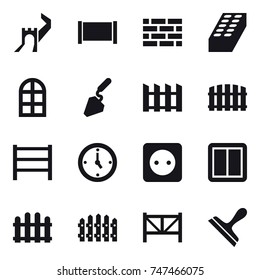 16 vector icon set : greate wall, fence, brick wall, brick, arch window, construction, watch, power socket, power switch, farm fence, scraper