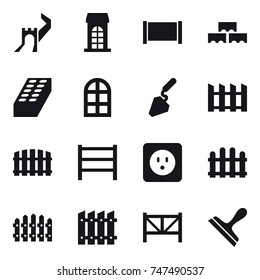 16 vector icon set : greate wall, building, fence, block wall, brick, arch window, construction, power socket, farm fence, scraper