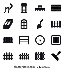 16 vector icon set : greate wall, building, block wall, brick wall, brick, arch window, construction, fence, watch, power switch, scraper