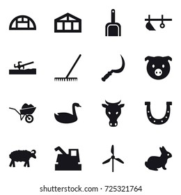 16 vector icon set : greenhouse, scoop, plow, soil cutter, rake, sickle, pig, wheelbarrow, goose, cow, horseshoe, sheep, harvester, windmill, rabbit