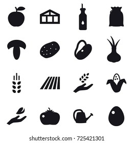 16 vector icon set : greenhouse, spikelets, field, harvest, corn, hand leaf, tomato, watering can, egg