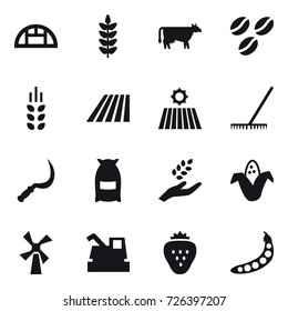 16 vector icon set : greenhouse, cow, coffee seeds, spikelets, field, rake, sickle, flour, harvest, corn, windmill, harvester, strawberry, peas