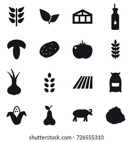 16 vector icon set : greenhouse, spikelets, field, flour, corn, pear, sheep, pile of garbage