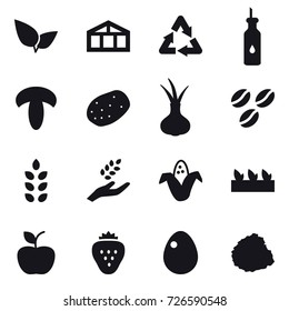 16 vector icon set : greenhouse, coffee seeds, spikelets, harvest, corn, seedling, apple, strawberry, egg, pile of garbage