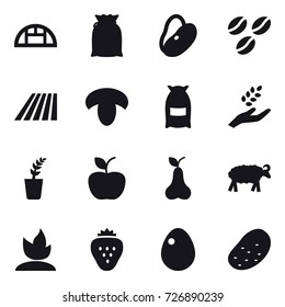 16 vector icon set : greenhouse, coffee seeds, field, mushroom, flour, harvest, seedling, apple, pear, sheep, sprouting, strawberry, egg, potato