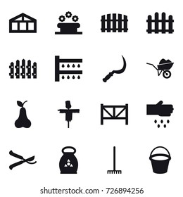 16 vector icon set : greenhouse, flower bed, fence, watering, sickle, wheelbarrow, pear, scarecrow, farm fence, sow, pruner, fertilizer, rake, bucket