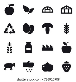 16 vector icon set : greenhouse, spikelets, flour, seedling, apple, sheep, sow, tomato, strawberry