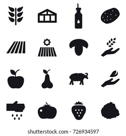 16 vector icon set : greenhouse, field, mushroom, harvest, apple, pear, sheep, hand leaf, sow, tomato, strawberry, pile of garbage