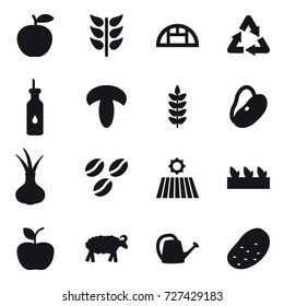 16 vector icon set : greenhouse, coffee seeds, field, seedling, apple, sheep, watering can, potato