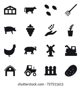 16 vector icon set : greenhouse, cow, seeds, fork, pig, grape, harvest, seedling, chicken, sheep, windmill, harvester, barn, tractor, grain elevator, potato