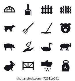 16 vector icon set : greenhouse, scoop, fence, cow, fork, rake, pig, harvest, goose, sheep, rabbit, farm fence, sow, fertilizer
