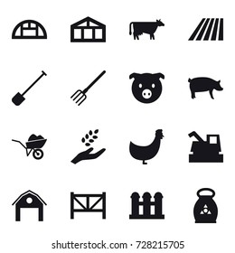 16 vector icon set : greenhouse, cow, field, shovel, fork, pig, wheelbarrow, harvest, chicken, harvester, barn, farm fence, grain elevator, fertilizer