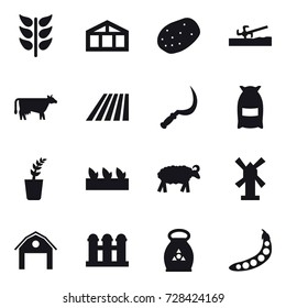 16 vector icon set : greenhouse, soil cutter, cow, field, sickle, flour, seedling, sheep, windmill, barn, grain elevator, fertilizer, peas