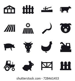 16 vector icon set : greenhouse, fence, soil cutter, cow, field, sickle, pig, chicken, harvester, tractor, rabbit, farm fence, grain elevator