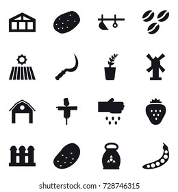 16 vector icon set : greenhouse, plow, coffee seeds, field, sickle, seedling, windmill, barn, scarecrow, sow, strawberry, grain elevator, potato, fertilizer, peas