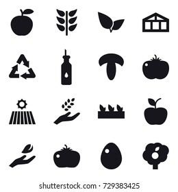 16 vector icon set : greenhouse, field, harvest, seedling, apple, hand leaf, tomato, egg, garden