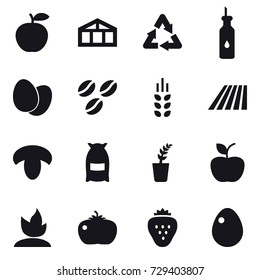 16 vector icon set : greenhouse, coffee seeds, spikelets, field, mushroom, flour, seedling, apple, sprouting, tomato, strawberry, egg