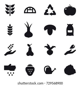 16 vector icon set : greenhouse, mushroom, flour, harvest, pear, beet, hand leaf, sow, strawberry, watering can, pile of garbage