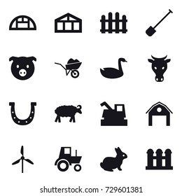 16 vector icon set : greenhouse, fence, shovel, pig, wheelbarrow, goose, cow, horseshoe, sheep, harvester, barn, windmill, tractor, rabbit, grain elevator