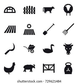 16 vector icon set : greenhouse, fence, cow, sheep, field, shovel, fork, sickle, wheelbarrow, goose, chicken, farm fence, fertilizer