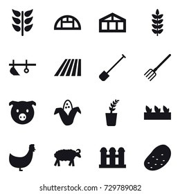 16 vector icon set : greenhouse, plow, field, shovel, fork, pig, corn, seedling, chicken, sheep, grain elevator, potato