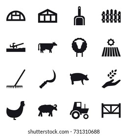 16 vector icon set : greenhouse, scoop, fence, soil cutter, cow, sheep, field, rake, sickle, pig, harvest, chicken, tractor, farm fence