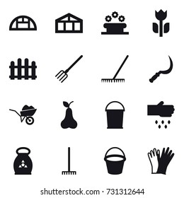 16 vector icon set : greenhouse, flower bed, fence, fork, rake, sickle, wheelbarrow, pear, bucket, sow, fertilizer, gloves