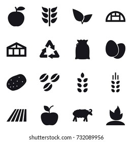 16 vector icon set : greenhouse, coffee seeds, spikelets, field, apple, sheep, sprouting