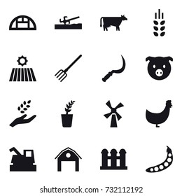 16 vector icon set : greenhouse, soil cutter, cow, spikelets, field, fork, sickle, pig, harvest, seedling, windmill, chicken, harvester, barn, grain elevator, peas