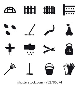 16 vector icon set : greenhouse, fence, watering, seeds, rake, sickle, pear, scarecrow, sow, pruner, fertilizer, bucket, gloves