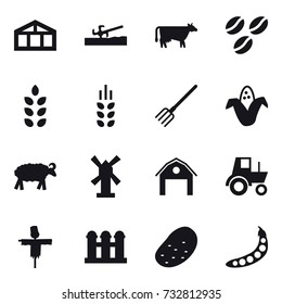 16 vector icon set : greenhouse, soil cutter, cow, coffee seeds, spikelets, fork, corn, sheep, windmill, barn, tractor, scarecrow, grain elevator, potato, peas