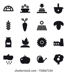16 vector icon set : greenhouse, flower bed, field, mushroom, flour, sprouting, flower, factory, sow, tomato, watering can, garden