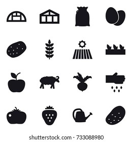 16 vector icon set : greenhouse, field, seedling, apple, sheep, beet, sow, tomato, strawberry, watering can, potato