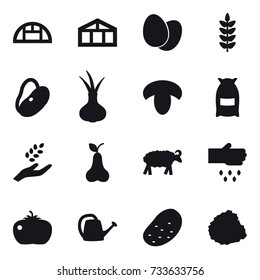16 vector icon set : greenhouse, mushroom, flour, harvest, pear, sheep, sow, tomato, watering can, potato, pile of garbage